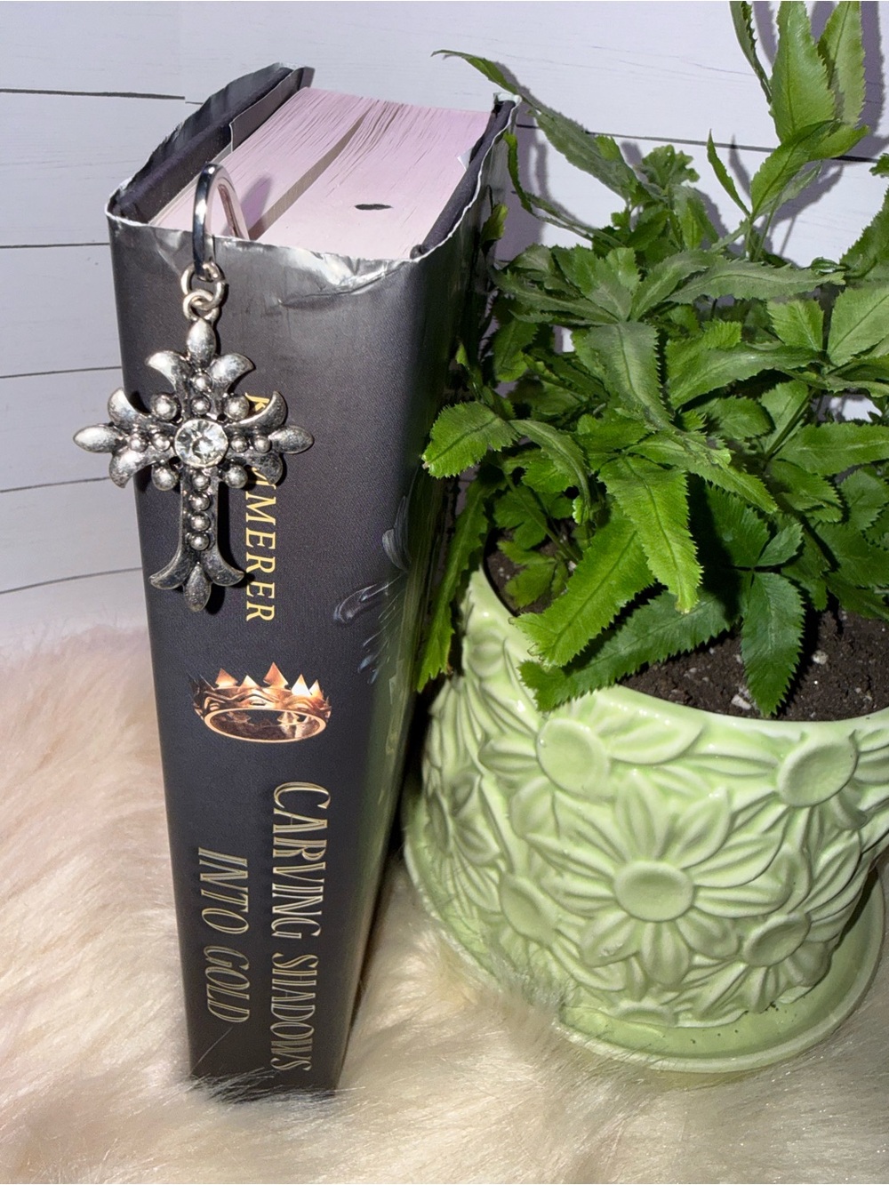 Rhinestone Cross Book Clip Bookmark - Silver Tone